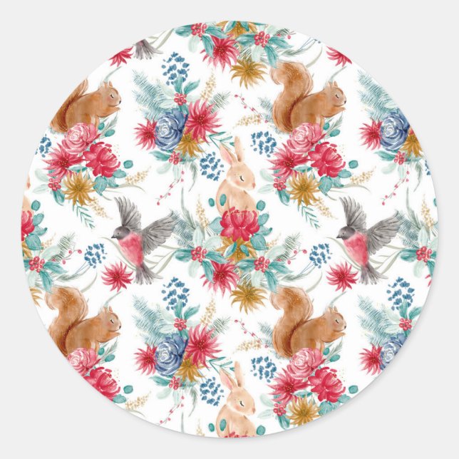 Pegatina Redonda Navidad Bosque Animales Invierno Navidad (Anverso)