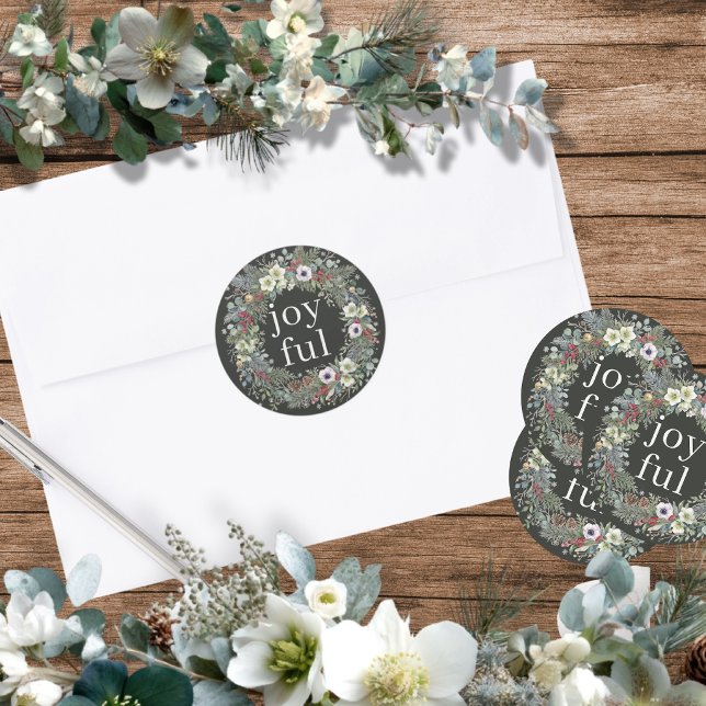 Pegatina Redonda Navidad Botánica Alegre  (Joyful Botanical Christmas Classic Round Sticker by Ricaso.  Ideal for holiday mailings and gifts)