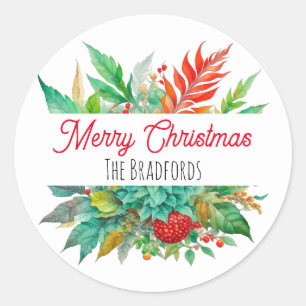 Pegatina Redonda Navidad botánica navideña personalizada
