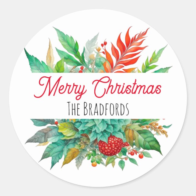 Pegatina Redonda Navidad botánica navideña personalizada (Anverso)