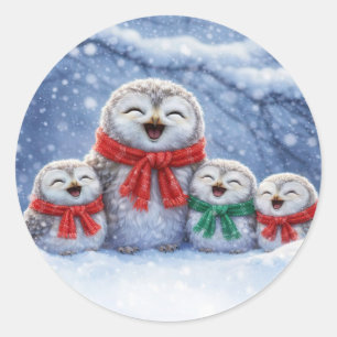 Pegatina Redonda Navidad Búhos Lindos y Nieve
