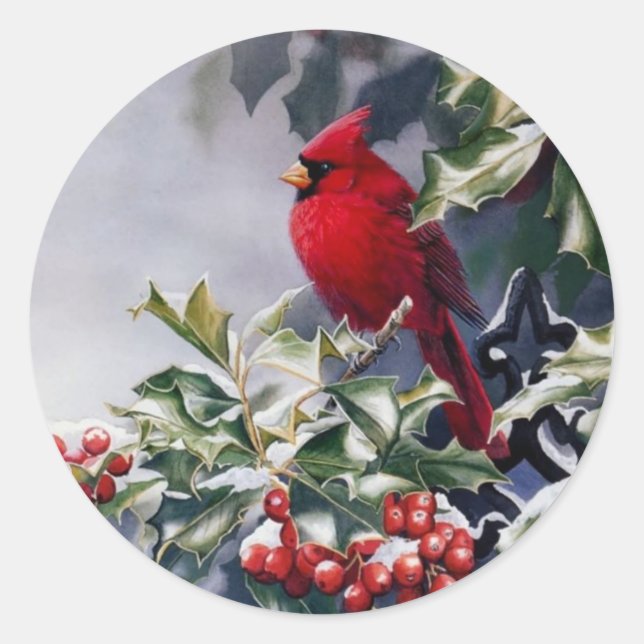 Pegatina Redonda Navidad Cardenal Bird Sentado En Holly Berries (Anverso)