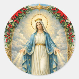 Pegatina Redonda Navidad Católica Virgen María Poinsettias