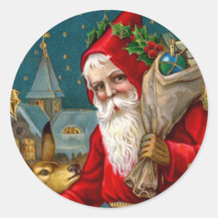 Pegatina Redonda Navidad clásico de Santa y de los ciervos
