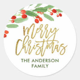 Pegatina Redonda Navidad con Acuarela de Bayas de Acebo