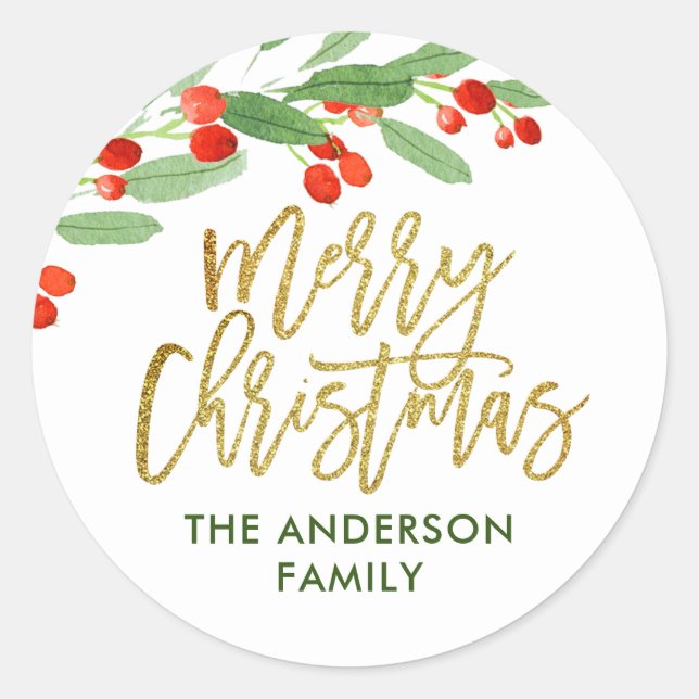 Pegatina Redonda Navidad con Acuarela de Bayas de Acebo (Anverso)