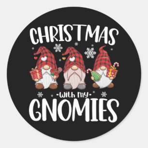 Pegatina Redonda Navidad con mis Gnomies Búfalo Cuadros Rojos Gnome