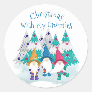 Pegatina Redonda Navidad con mis Gnomies Divertido Gnome de Fiesta