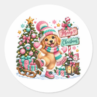 Pegatina Redonda Navidad con Retriever Dorado