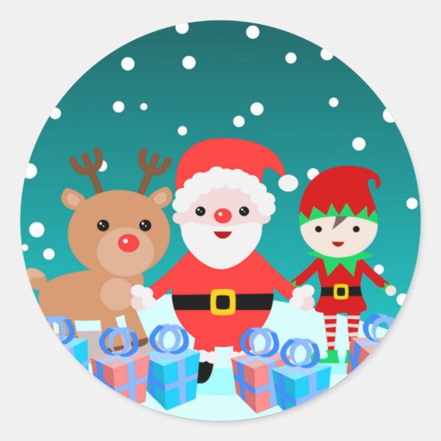 PEGATINA REDONDA NAVIDAD CON SANTA Y SUS AMIGOS (Anverso)