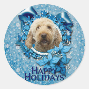 Pegatina Redonda Navidad - copo de nieve azul - Goldendoodle