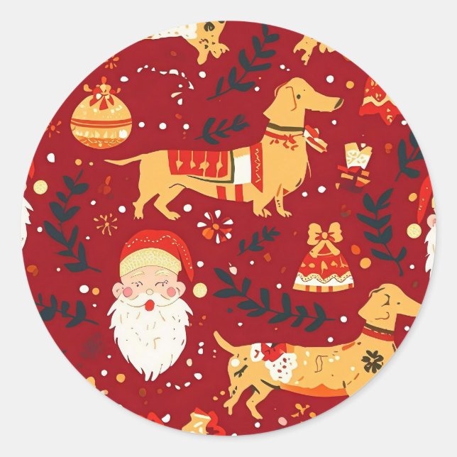 Pegatina Redonda Navidad Dachshund (Anverso)