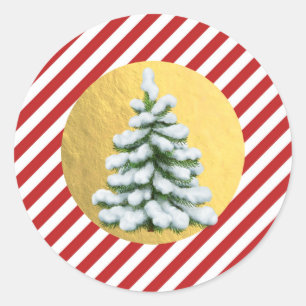 Pegatina Redonda Navidad de árbol nevado rayas rojas hoja de oro