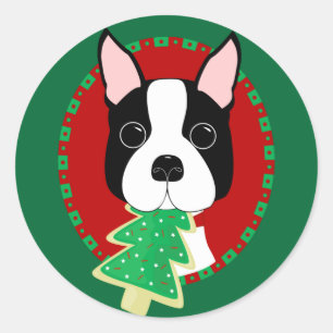 Pegatina Redonda Navidad de Boston Terrier
