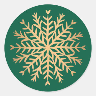 Pegatina Redonda Navidad de copo de nieve moderno dorado y verde fa