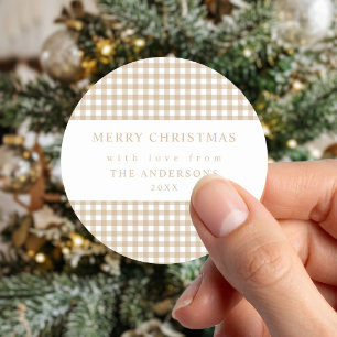 Pegatina Redonda Navidad de Gingham Beige