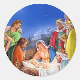 Pegatina Redonda Navidad de la natividad del vintage