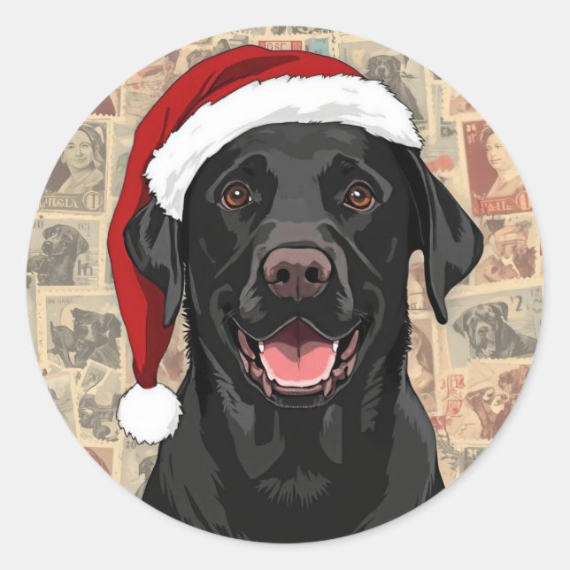 Pegatina Redonda Navidad de labrador negro (Anverso)