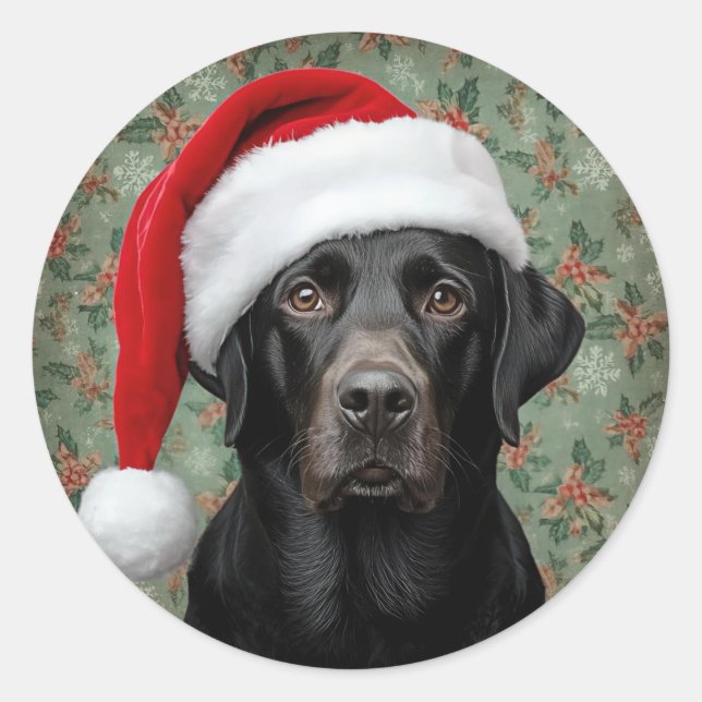 Pegatina Redonda Navidad de labrador negro (Anverso)