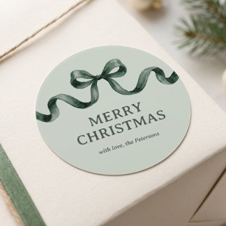 Pegatina Redonda Navidad de lazo de acuarela verde sage moderno sim