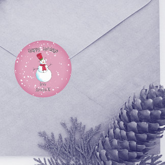 Pegatina Redonda Navidad de muñeco de nieve rosa personalizado