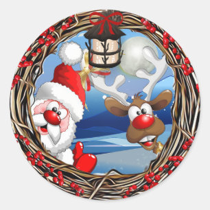 Pegatina Redonda Navidad de Papá Noel y del reno