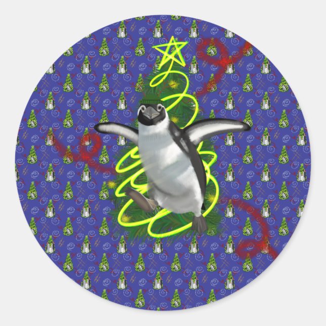 Pegatina Redonda Navidad de pingüino (Anverso)