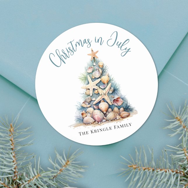Pegatina Redonda Navidad de Playa en Julio (Beach Christmas In July Classic Round Sticker)