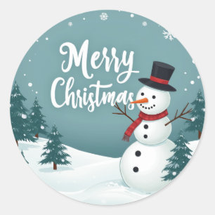 Pegatina Redonda Navidad de Snowman y Feliz