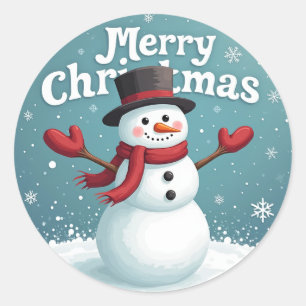 Pegatina Redonda Navidad de Snowman y Feliz