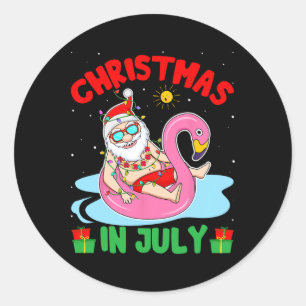Pegatina Redonda Navidad de Verano en Julio - Santa Tropical Surfin