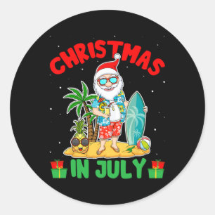 Pegatina Redonda Navidad de Verano en Julio - Santa Tropical Surfis