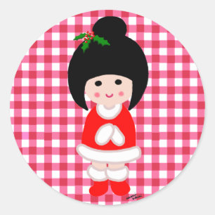 Pegatina Redonda Navidad del chica de Kokeshi