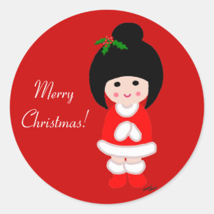 Pegatina Redonda Navidad del chica de Kokeshi en rojo