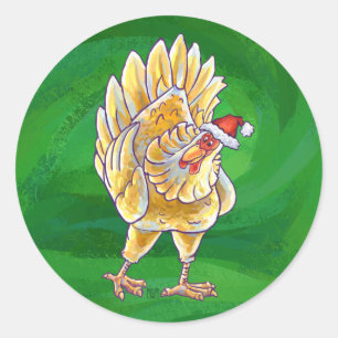 Pegatina Redonda Navidad del pollo en verde