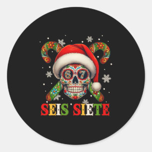 Pegatina Redonda Navidad Dia De Los Muertos Calavera de Azúcar Seis