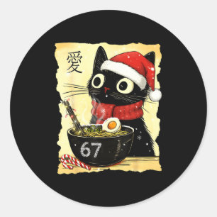 Pegatina Redonda Navidad Divertida 67 Seis Siete Gato Ramen Japonés