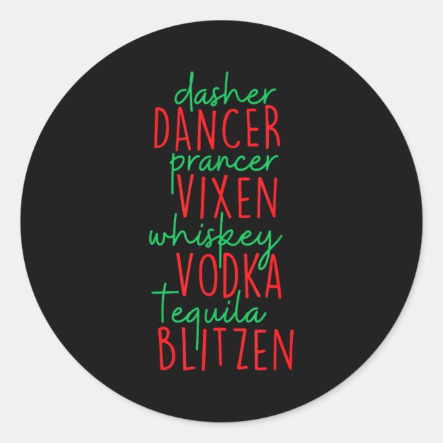Pegatina Redonda Navidad Divertida Dasher Dancer Prancer Vixen Whis (Anverso)