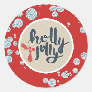 Pegatina Redonda Navidad DIVERTIDA y FELIZ Glitter Plateado Kraft F