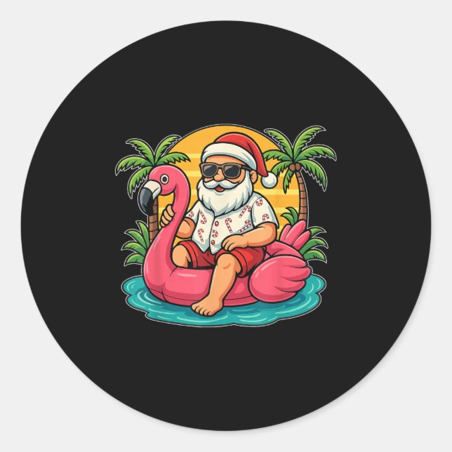 Pegatina Redonda Navidad En Julio, Camisas Santa Flamingo Flotan Ho (Anverso)