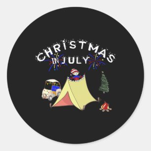 Pegatina Redonda Navidad En Julio Camiseta De Camping De Carrito De
