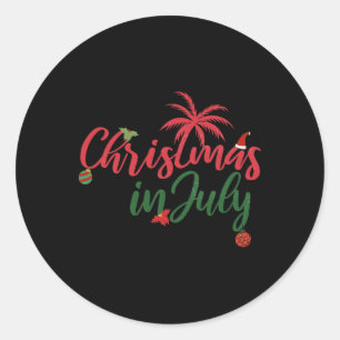 Pegatina Redonda Navidad En Julio Con Palmeras Y Adornos
