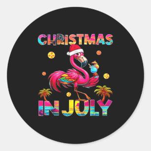 Pegatina Redonda Navidad en julio flamingo playa verano hawaii