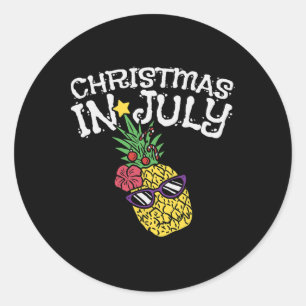 Pegatina Redonda Navidad En Julio Piña Divertida Verano Tropical