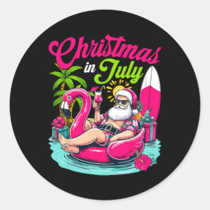 Pegatina Redonda Navidad En Julio Santa Claus Hawaiano Playa Verano