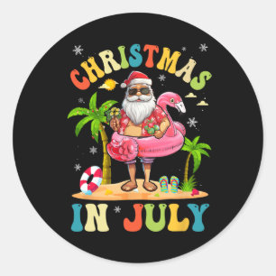 Pegatina Redonda Navidad En Julio Santa Divertido Verano Playa Vaca