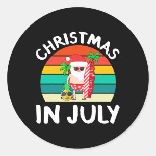 Pegatina Redonda Navidad En Julio Santa Vintage Hawaiano Surf S