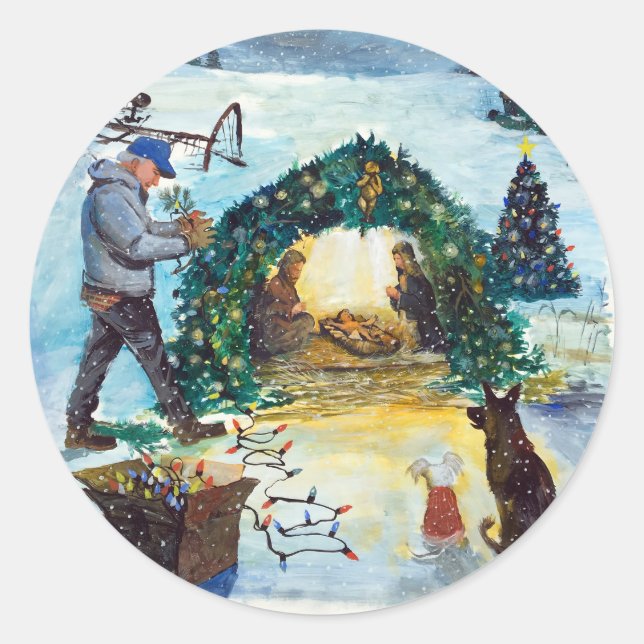 Pegatina Redonda Navidad en la granja (Anverso)