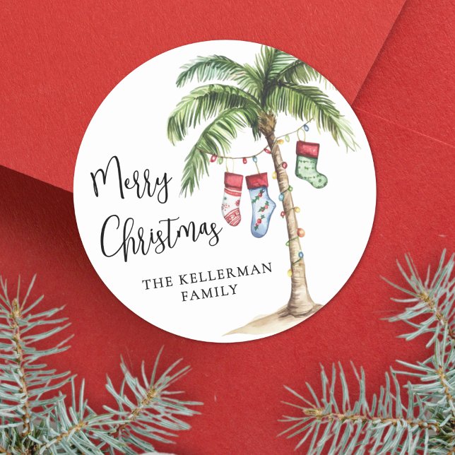 Pegatina Redonda Navidad en la playa (Tropical Beach Christmas Classic Round Sticker)