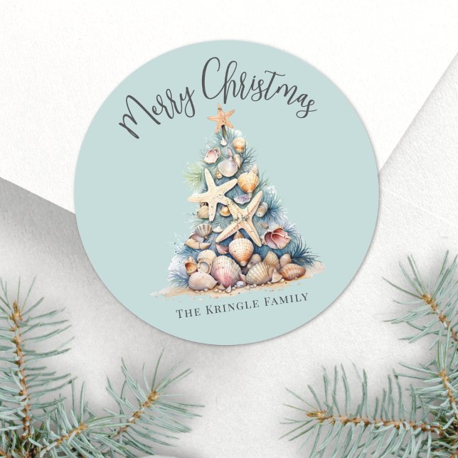 Pegatina Redonda Navidad en la playa (Beach Christmas Classic Round Sticker)